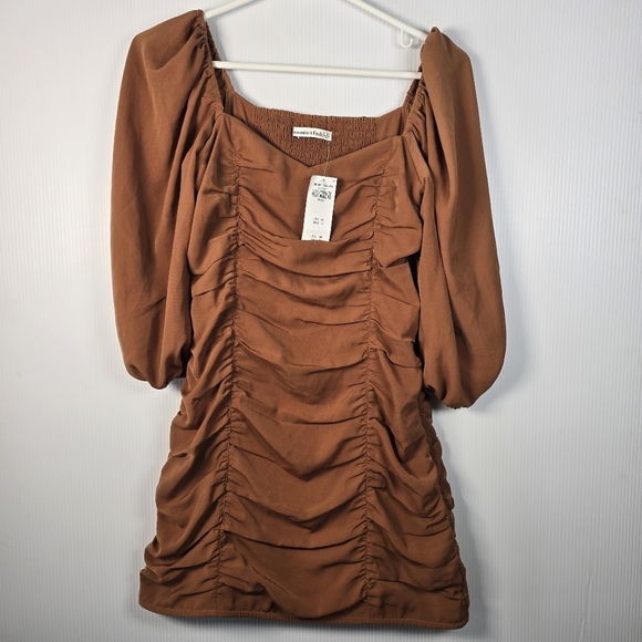 NWT Abercrombie & Fitch Womwn's Ruched Mini Dress Puff Elbow Sleeve Cognac SizeS - Picture 3 of 14